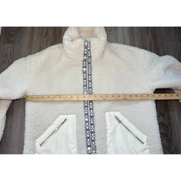 Levis Sherpa Fleece Jacket Cream Off White Geometric Trim Zip Up Womens Small - Picture 7 of 13